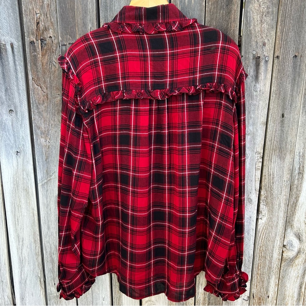 NWT Polo Ralph Lauren Ruffle Plaid Shirt Blouse Viscose Wool Red Black XL - Picture 10 of 16